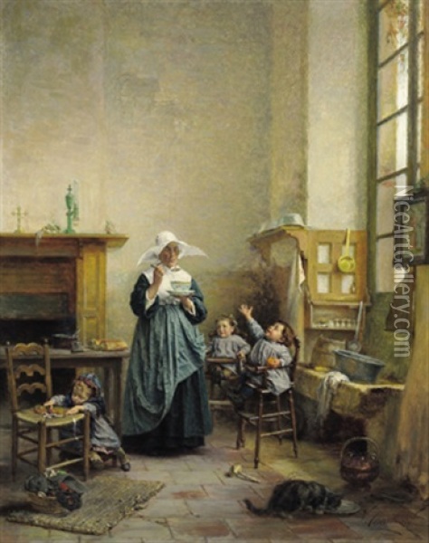 Kinderfutterung (la Becquee) Oil Painting - Vincent Jean Baptiste Chevilliard