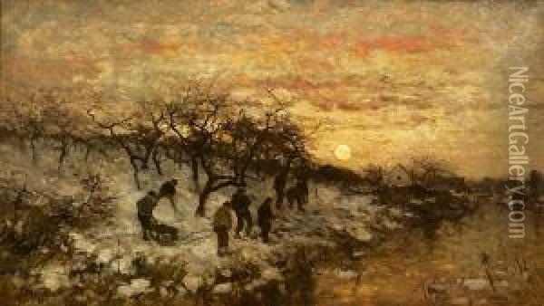 Lekende Gutter I Vinterlandskap 1896 Oil Painting - Ludwig Munthe