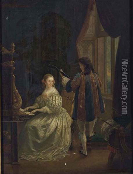 Jeune Couple Jouant De La Musique Oil Painting - Caspar Netscher