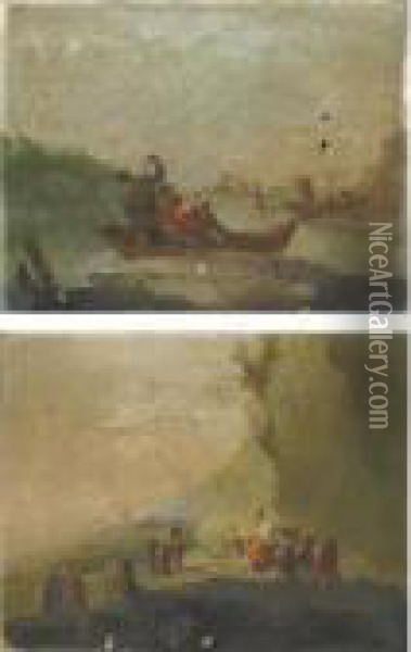 Paesaggio Con Barcaioli; Paesaggio Con Viandanti Oil Painting - Giuseppe Bernardino Bison
