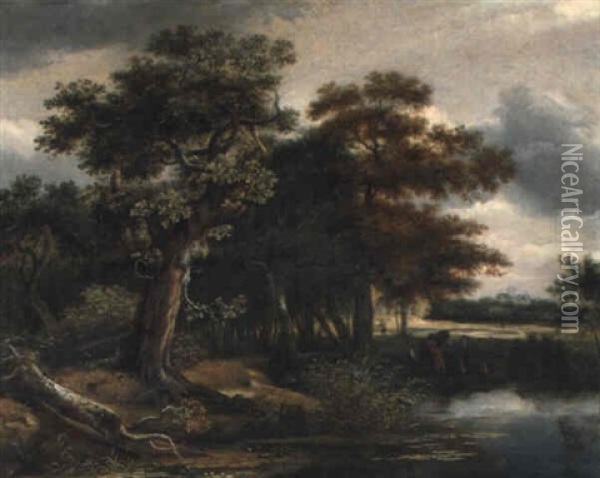 Eichenbestandene Landschaft Mit Einem Weiher Und Angler Oil Painting - Jan van Kessel