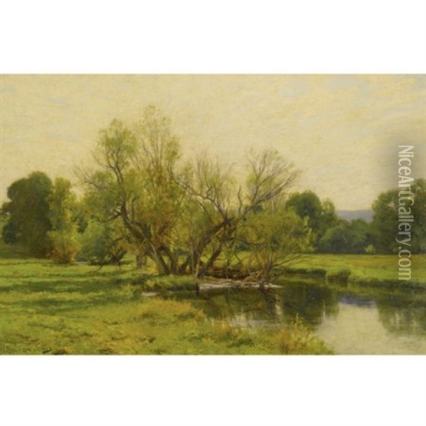 Meadowland And Stream In Summer Oil Painting - Hugh Bolton Jones