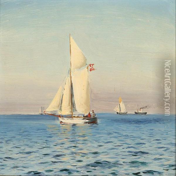Marine With A Sailing Boat And Other Ships On A Quiet Summer's Day Oil Painting - Holger Peter Svane Lubbers