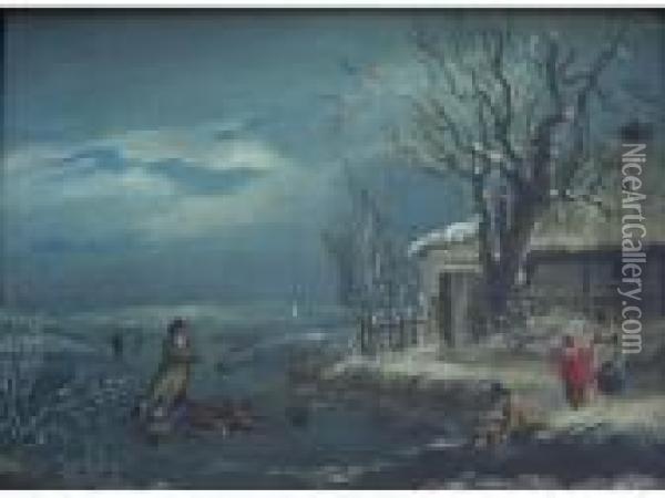 Skaters On A Lake Oil Painting - George Morland