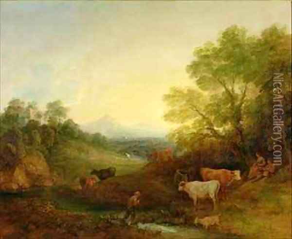 A Landscape with Cattle and Figures by a Stream and a Distant Bridge Oil Painting - Thomas Gainsborough