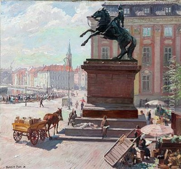 Summer Day At Hojbro Plads With Flower Sellers, In The Background Fishermen's Wife Selling Fish Along Gl. Strand Oil Painting - Robert Panitzsch