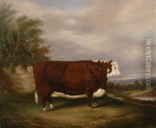 A Prize Hereford Bull In A Landscape Oil Painting - James Clark