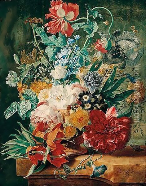 A Still Life Of Spring Flowers Including Roses, Tulips, Narcissi, Peonies, Carnations, Gentians, Fritillaries, Daffodils, Irises, Bluebells And Morning Glory, In A Carved Stone Urn Upon A Marble Ledge In A Garden Setting Oil Painting - Wybrand Hendriks