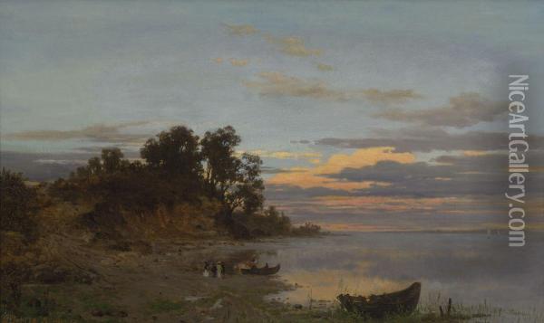 Boote Am Seeufer Im Abendrot Oil Painting - Jacob Gehrig