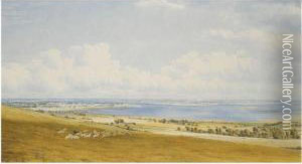 A View Of Hayling Island, 
Hampshire, Seen From The South Downs,with The Spire Of Chichester 
Cathedral In The Far Distance Oil Painting - William Turner