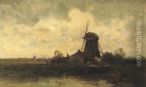 A Windmill Along A River Oil Painting - Charles Paul Gruppe