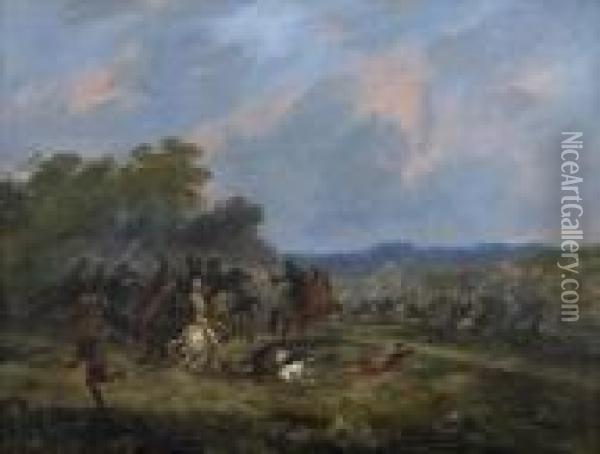 Scene Of A Cavalry Battle. Oil Painting - Jean-Baptiste Le Prince