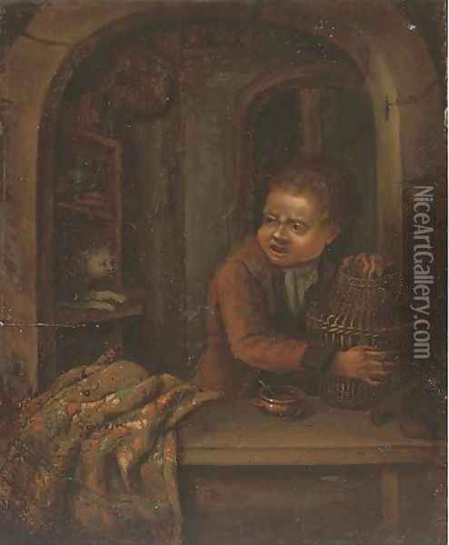 A boy with a birdcage at a casement Oil Painting - Dominicus van Tol