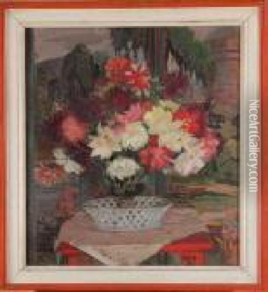 bouquet De Fleurs Devant Un Paravent Oil Painting - Jacques-Emile Blanche