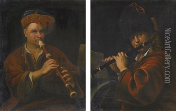 Recorder Player; Flute Player Oil Painting - Johann (Jan) Kupetzki