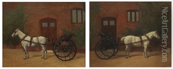 Two Works: Both Of A Single White Horse Hitched To A Jaunting Cart Before A Red Brick Building, Left And Right Facing Oil Painting - John Francis Sartorius