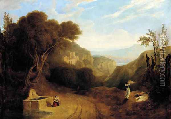 An italianate landscape with figures on a path Oil Painting - Joseph Mallord William Turner