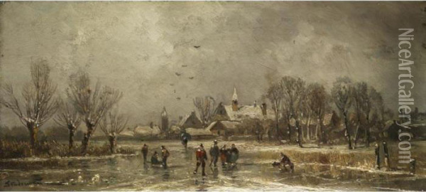 Winterlandschaft Mit Schlittschuhlaufern Oil Painting - Adolf Stademann