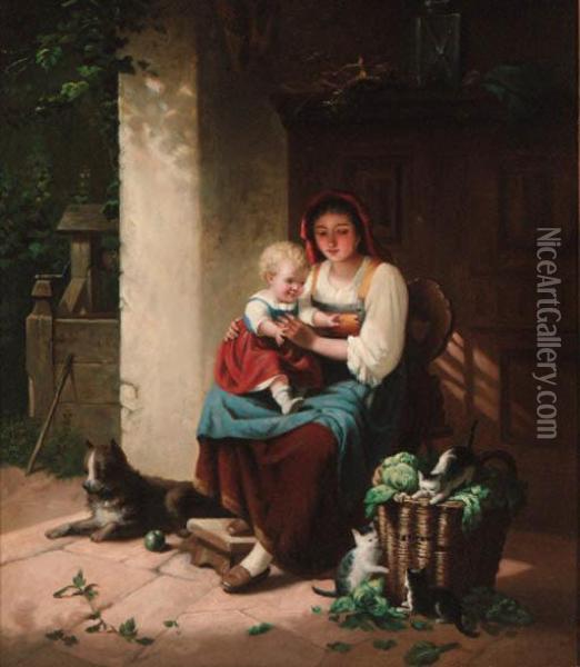 A Mother And Child In A Sunlit Doorway Oil Painting - Auguste Heyn