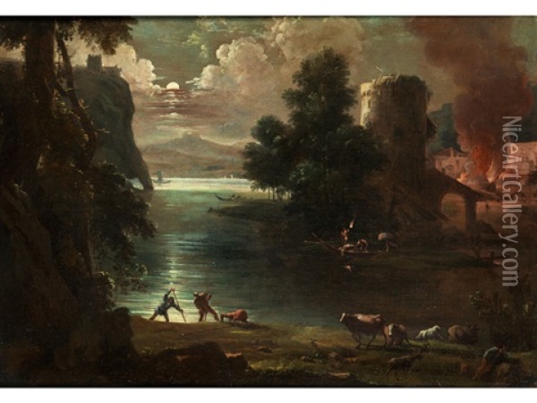 Landschaft Mit Figuren Und Einem Brand Im Hintergrund Oil Painting - Marco Ricci