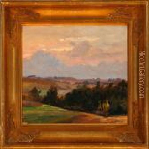 Overlooking A Hilly Landscape At Sunset Oil Painting - Sigurd Solver Schou