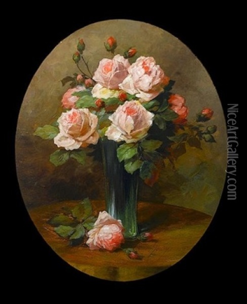 Still Life Of Roses In A Glass Vase Oil Painting - Wilhelm Schuetze