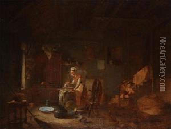 Farmer's Interior With Woman Washing And Child Oil Painting - Jacques Albert Senave