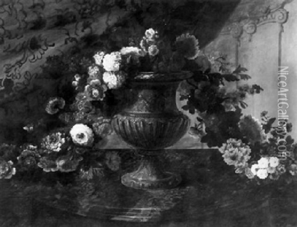 Still Life Of A Garland Of Flowers Draped Over A Sculpted Urn, Resting On A Marble Ledge Oil Painting - Pierre Nicolas Huilliot