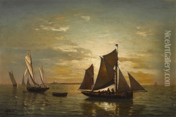 Segelschiffe Vor Sonnenuntergang Oil Painting - Julius Huth