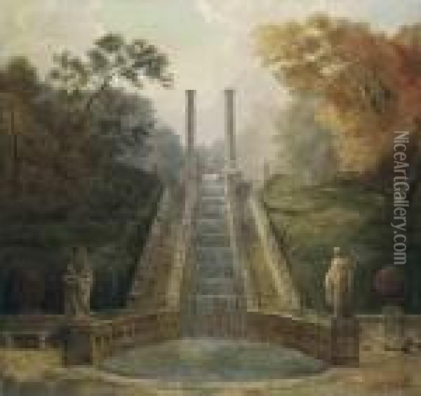 The Cascade In The Gardens Of 
The Teatro Dell' Acqua Behind Thevilla Aldobrandini, Frascati With Oil Painting - Hubert Robert