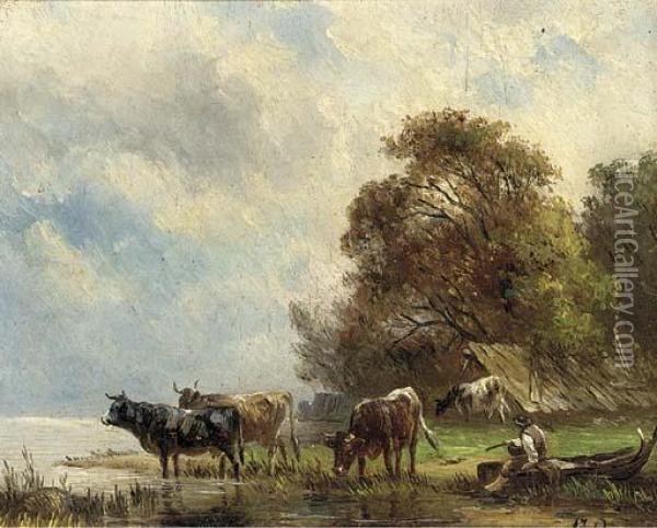 Cattle Watering At A Riverbank, A Drover Looking On Oil Painting - Albert Jurardus van Prooijen