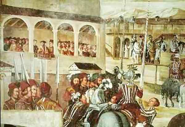 Tournament in Honour of Christian I 1426-81 of Denmark at Castello di Malpaga 2 Oil Painting - Marcello Fogolino