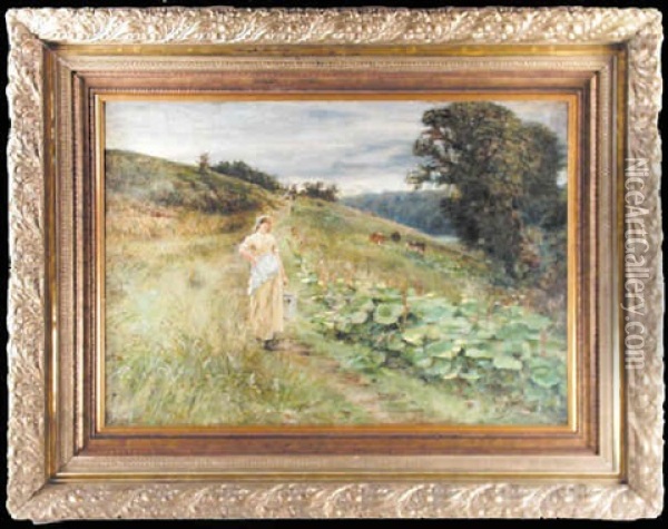 Milkmaid In Landscape Oil Painting - Robert Jobling