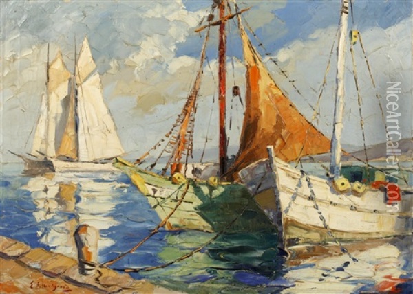 Boats In A Mediterranean Harbour Oil Painting - Georges Chavignaud
