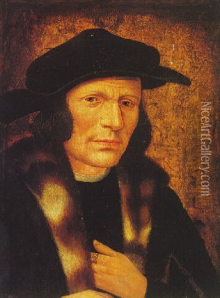 Portrait Of A Man, Bust Length, In A Black Hat And A Fur Trimmed Coat Oil Painting - Quentin Massys the Elder