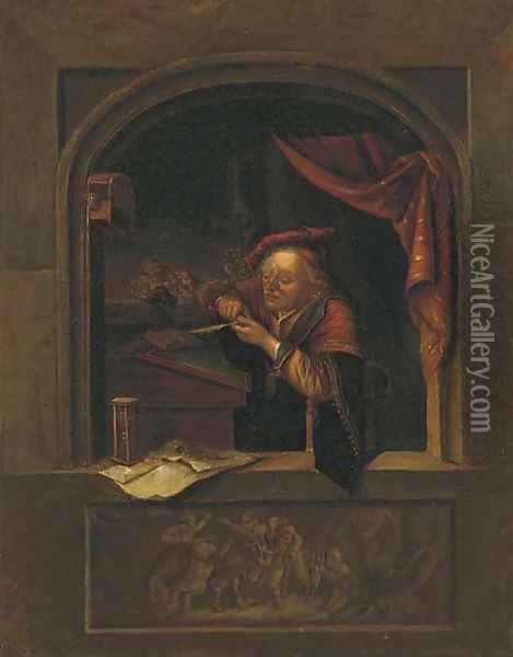 A man at an alcove Oil Painting - Gerrit Dou