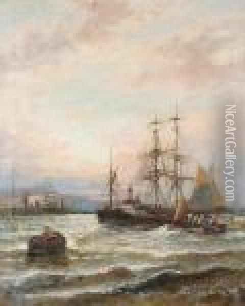 Shipping Off A Harbour Oil Painting - Hubert Thornley
