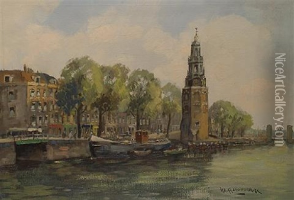 Dutch Canal Scene In Summer Oil Painting - Hendrik Cornelis Kranenburg
