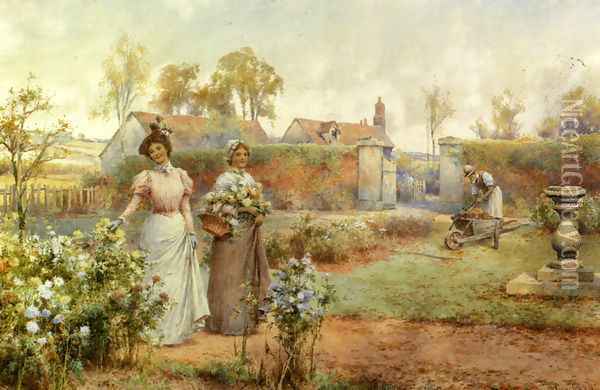 A Lady And Her Maid Picking Chrysanthemums Oil Painting - Alfred Glendening