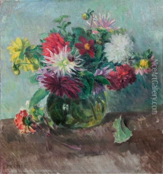 Dahlias In A Glass Vase Oil Painting - Paul Kayser