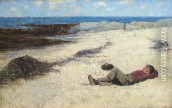 Boy Resting On The Beach With Basket Oil Painting - Edward Trevor