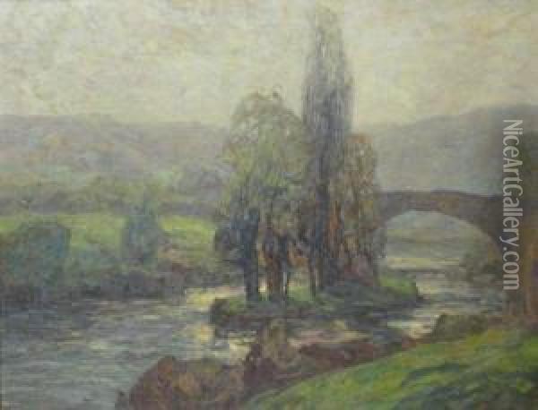 Flusslandschaft Mit Brucke Oil Painting - Karl Schickhardt