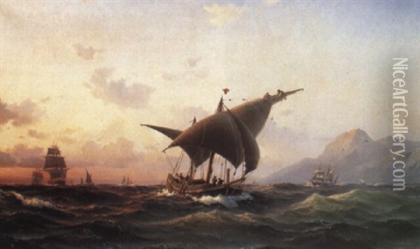 Fiskekuttere Ud For Kysten, Middelhavet, Soldnedgang Oil Painting - Vilhelm Melbye