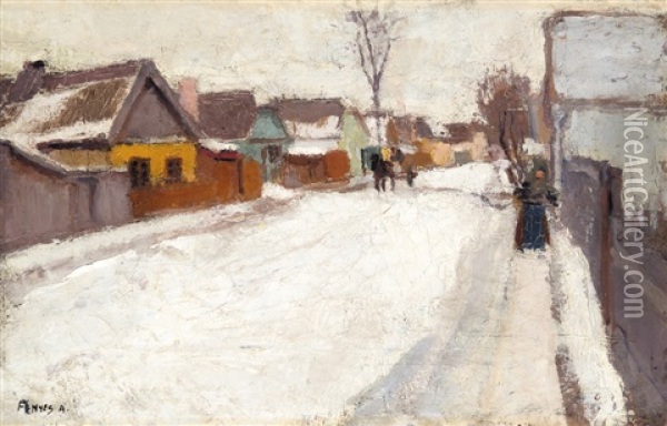 Village Street At Winter Oil Painting - Adolf Fenyes