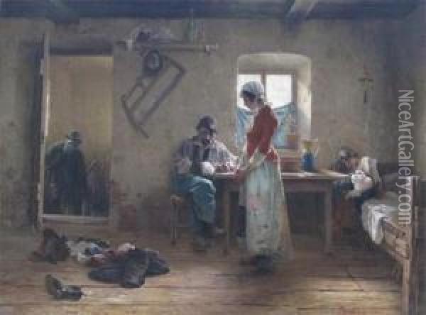 Interior Scene With A Family Oil Painting - Laszlo Pataky Von Sospatak