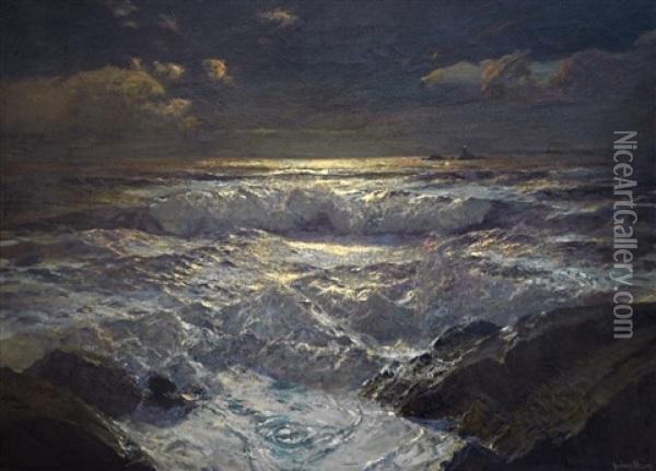 Moonlit Waves On The Shore With The Longships Lighthouse, Land's End, Cornwall Oil Painting - Julius Olsson