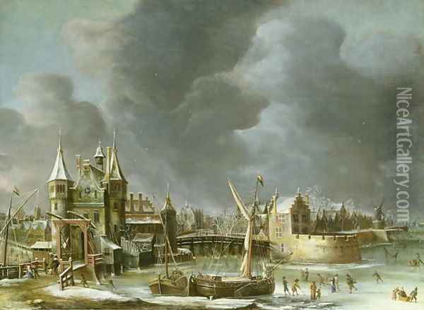 A View of the Regulierspoort Amsterdam in winter Oil Painting - Jan Abrahamsz. Beerstraten