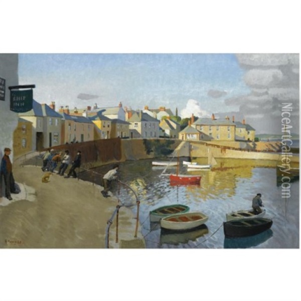 A View Of Mousehole Oil Painting - Harold Harvey
