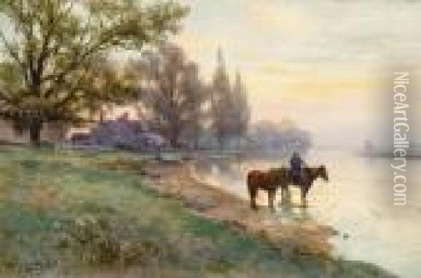Watering The Horses Oil Painting - Frank F. English