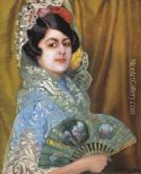 Dama Con Abanico (lady With A Fan) Oil Painting - Ignacio Zuloaga Y Zabaleta